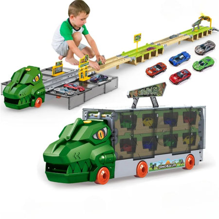 Camion dinosaure transporteur avec circuit et voitures, joué par un enfant sur fond blanc – Camion Dinosaure Transformable