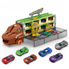 Dinosaure jouet avec remorque transparente transportant des voitures miniatures sur fond blanc – Camion Dinosaure Transformable