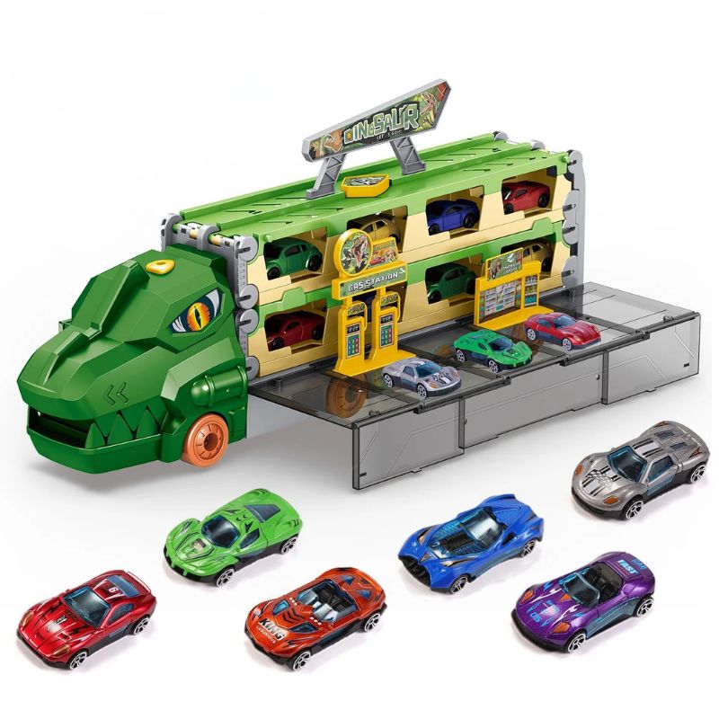 Dinosaure jouet avec garage intégré et plusieurs voitures sur fond blanc – Camion Dinosaure Transformable