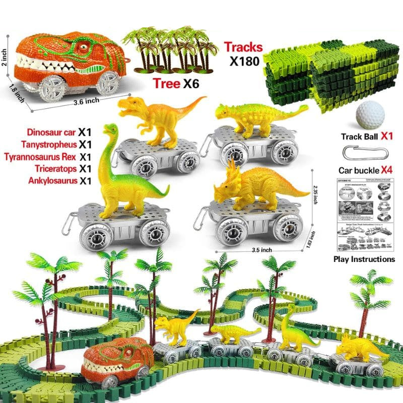 Set de jouet dinosaure avec piste, arbres et dinosaures sur fond blanc (Circuit Voiture Dinosaure – 195 pcs modèle A).
