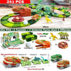 Ensemble dinosaure avec piste, tunnels et voitures sur sol en bois (Super Set Circuit Voiture Dinosaure 241 pcs avec 2 Tyrex offertes).