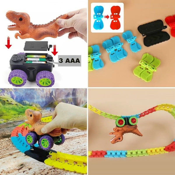 Collage d’un jouet dinosaure avec des pièces de circuit et des piles, montrant l’assemblage et le jeu – Circuit Voiture Dinosaure Suspendu.