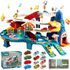 Circuit voiture enfant avec 20 voitures et structures sur le thème des dinosaures, incluant le logo Juqic.