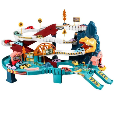circuit garage dinosaure enfant complet avec voitures parcours multi niveaux éducatif