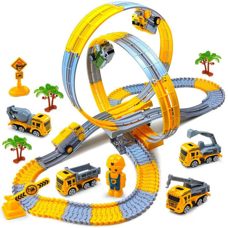 Circuit Looping avec doubles loopings et camions jouets sur piste modulaire - Camions de Chantier pour Enfants