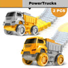 PowerTrucks jaunes et gris sur piste flexible du Circuit Looping - Camions de Chantier pour Enfants