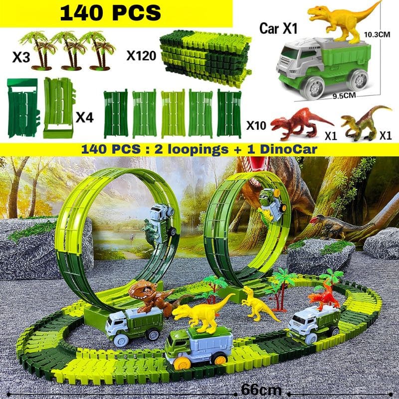 Coffret jouet avec piste verte, voitures et dinosaures sur un fond panoramique – Circuit Looping – Camions Dinosaure pour Enfants.
