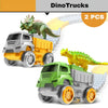 Deux camions-bennes jouets avec figurines de dinosaures sur fond blanc, étiquetés DinoTrucks – Circuit Looping – Camions Dinosaure pour Enfants.