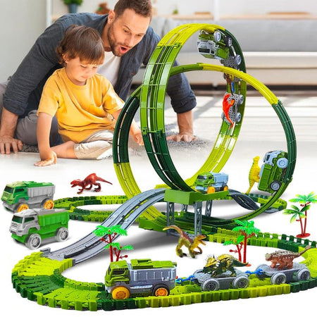Circuit Looping avec rails et véhicules sur fond blanc – Camions Dinosaure pour Enfants.
