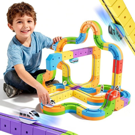 boite jeu circuit train enfant STEM cubes colorés construction éducative