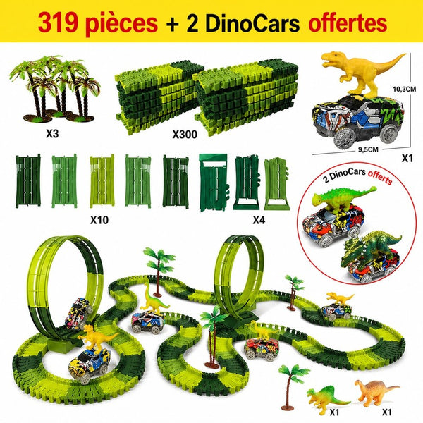 Circuit voiture dinosaure enfant 319 pièces avec 2 DinoCars offertes Ankylosaurus et Triceratops
