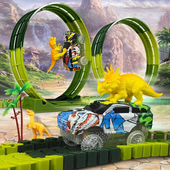 Circuit voiture dinosaure avec looping colorées et voitures sur un fond paysager.
