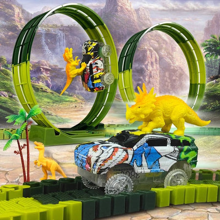 Circuit voiture dinosaure avec looping colorées et voitures sur un fond paysager.