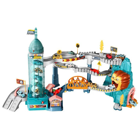 Circuit Voiture Enfant avec voitures et structures sur fond blanc. Circuit Voiture Enfant tanière de lion