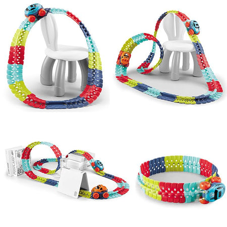 Circuit voiture enfant looping coloré avec une chaise blanche sur fond blanc.
