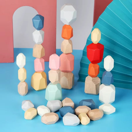 Jeu de pierres Montessori ZenStack couleurs pastel empilées sur fond design moderne