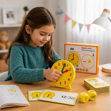 Horloge ClockMaster avec aiguilles colorées et cartes puzzle Montessori