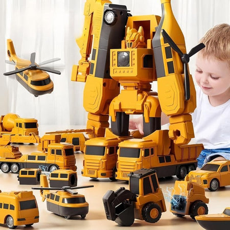 enfant jouant robot transformable chantier véhicules modulaires éducatif