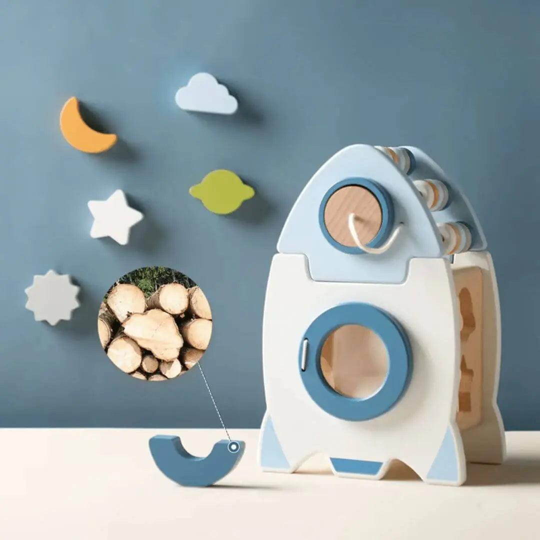 Fusée RocketWiz Montessori en bois avec encastrements colorés