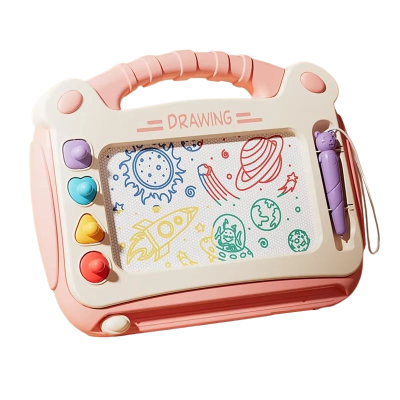 ardoise magnétique rose enfant avec dessins colorés de fusée planètes et soleil modèle DoodlePad EducaKid