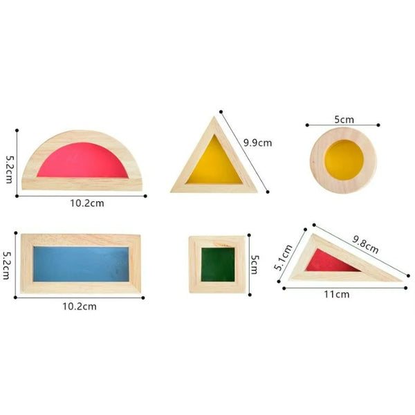 Dimensions des blocs sensoriels Lumiblocks avec formes en bois et panneaux colorés