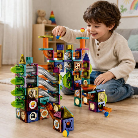 Enfant jouant avec un circuit à billes magnétique MarbleLab et construisant une structure colorée