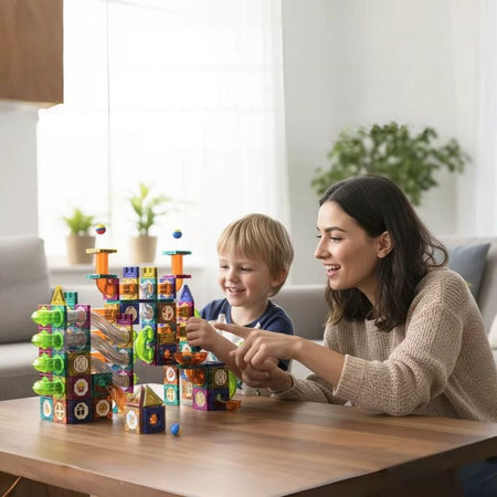 Enfant et parent jouant ensemble avec un circuit à billes magnétique MarbleLab sur une table