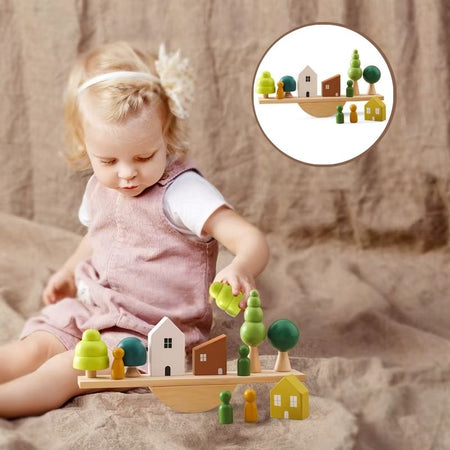 enfant fille jouant avec jeu d’équilibre en bois maison Montessori HouseTilt EducaKid