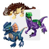 Trois figurines de dinosaures en briques : ankylosaure, vélociraptor violet et dilophosaure - EducaKid