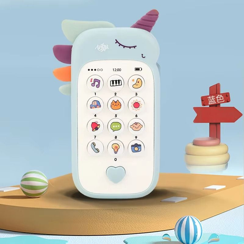 Version bleue du jouet musical SoundiKid avec boutons sensoriels et design doux pour bébé