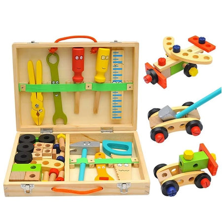 Mallette en bois HandyCraft ouverte avec rangement organisé des outils et exemples de constructions