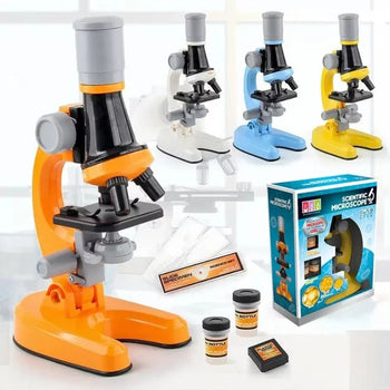 Microscope scientifique pour enfant orange présenté avec la gamme de coloris, la boîte et les accessoires - EducaKid