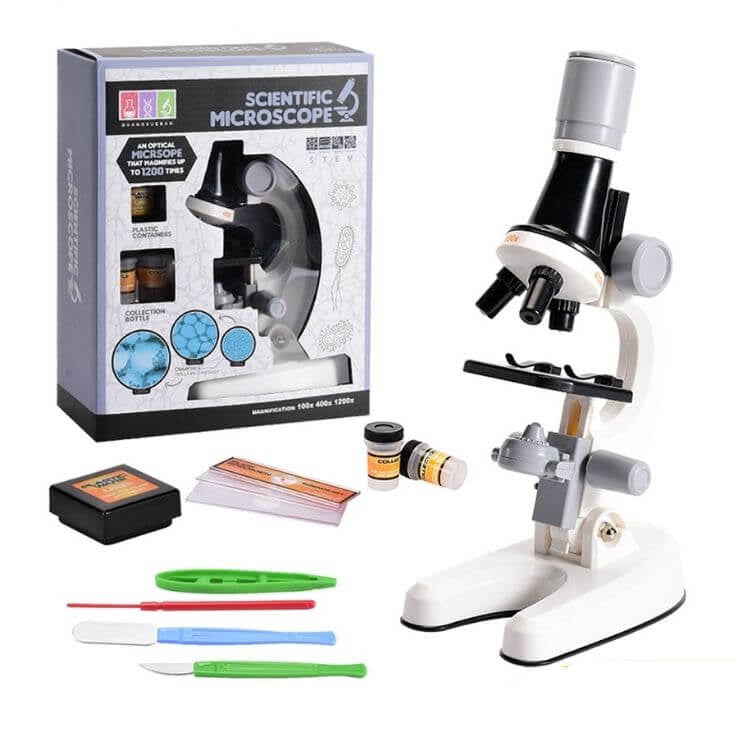 Kit microscope scientifique blanc avec sa boîte, ses flacons, lames et outils - EducaKid