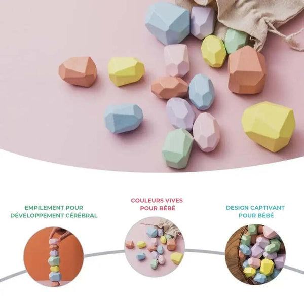Jeu Montessori ZenStack avec pierres colorées illustrant les bénéfices pour le développement