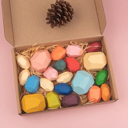 Coffret cadeau ZenStack avec pierres Montessori colorées présentées dans une boîte
