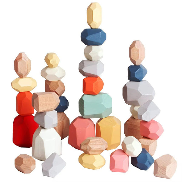 Pierres Montessori ZenStack empilées en équilibre pour jeu de motricité et concentration