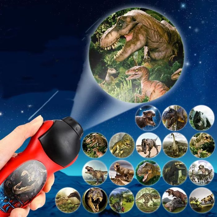 Projecteur dinosaure DinoProjector avec plusieurs disques d’images projetant différents dinosaures en lumière