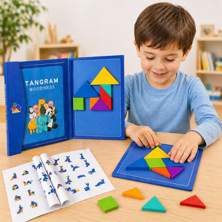 enfant jouant avec tangram magnétique montessori tangramplay educakid sur table en bois